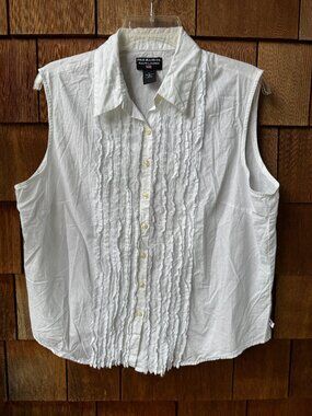 Ralph Lauren White Cotton Sleeveless Button Down Ruffled Blouse in Women's XL